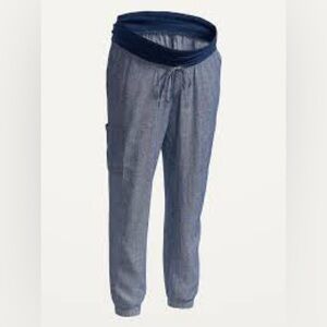 Old Navy Maternity Rollover-Waist Linen-Blend Cargo Jogger Pants Chambray Blue